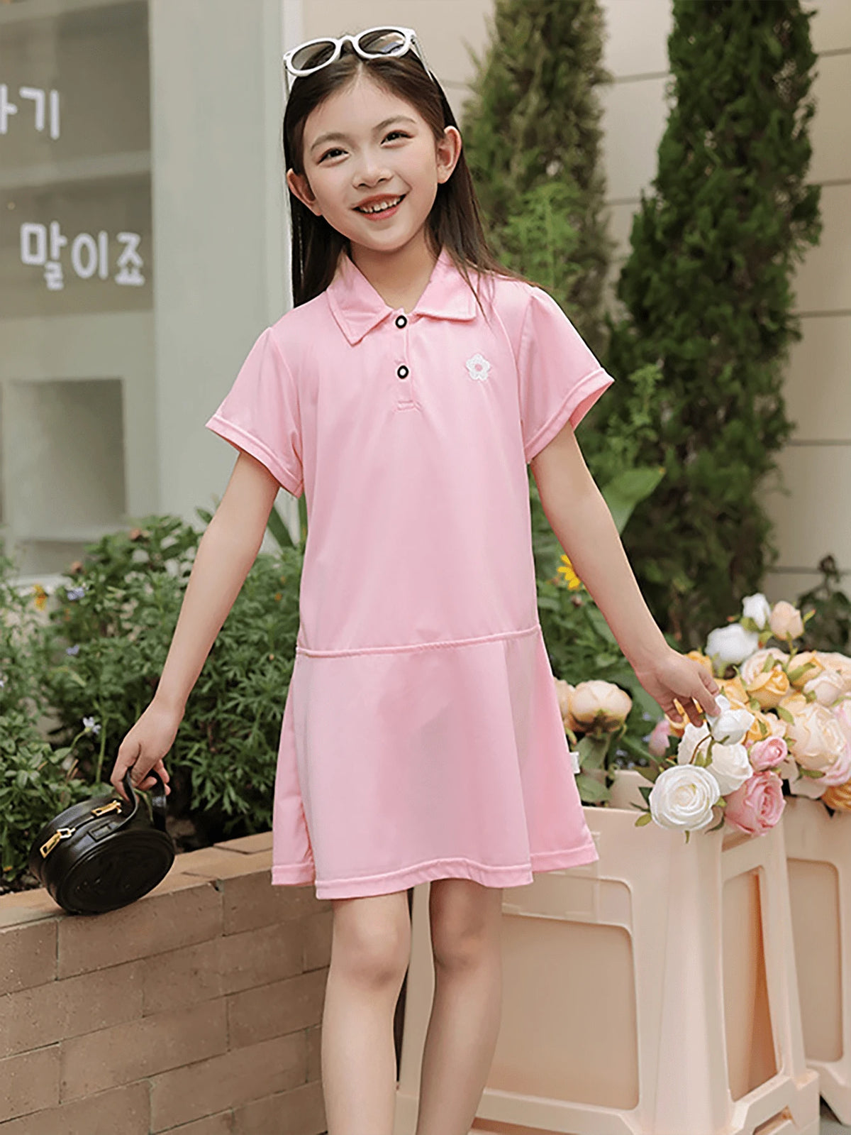 Single Piece Girls Loose Fit Embroidery Mock Neck Dress For Summer