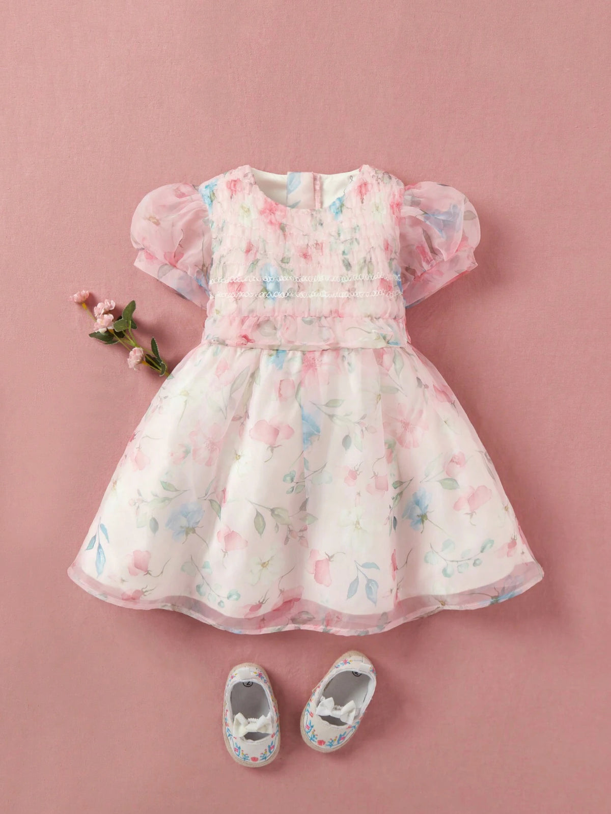 Single Piece Summer Princess Dress For Girls With Bubble Sleeves, Flower Print And Tulle Puffy Skirt