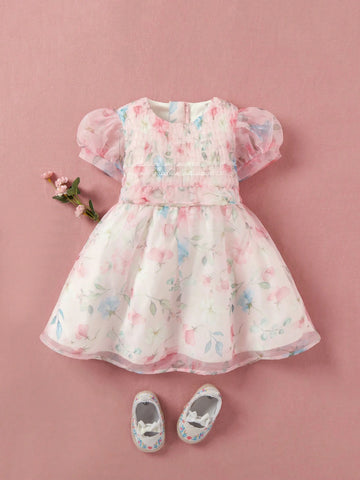 Single Piece Summer Princess Dress For Girls With Bubble Sleeves, Flower Print And Tulle Puffy Skirt