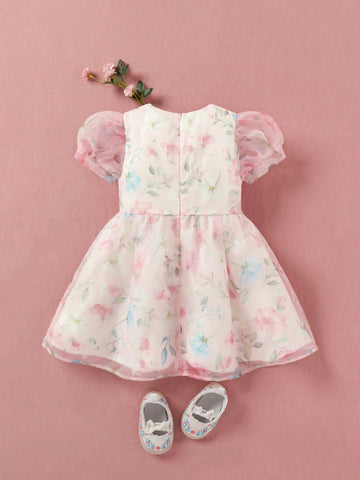 Single Piece Summer Princess Dress For Girls With Bubble Sleeves, Flower Print And Tulle Puffy Skirt
