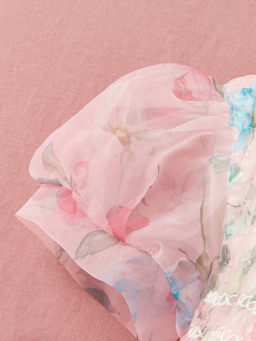 Single Piece Summer Princess Dress For Girls With Bubble Sleeves, Flower Print And Tulle Puffy Skirt