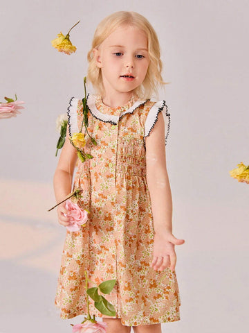 Single Piece Young Girl Flying Sleeve Dress, Floral Printed Dress With Side Tie For Girls" Summer Outfits