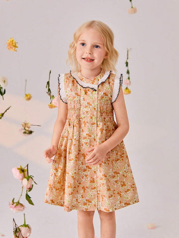 Single Piece Young Girl Flying Sleeve Dress, Floral Printed Dress With Side Tie For Girls" Summer Outfits