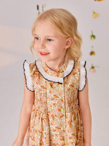 Single Piece Young Girl Flying Sleeve Dress, Floral Printed Dress With Side Tie For Girls" Summer Outfits