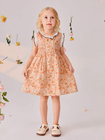 Single Piece Young Girl Flying Sleeve Dress, Floral Printed Dress With Side Tie For Girls" Summer Outfits