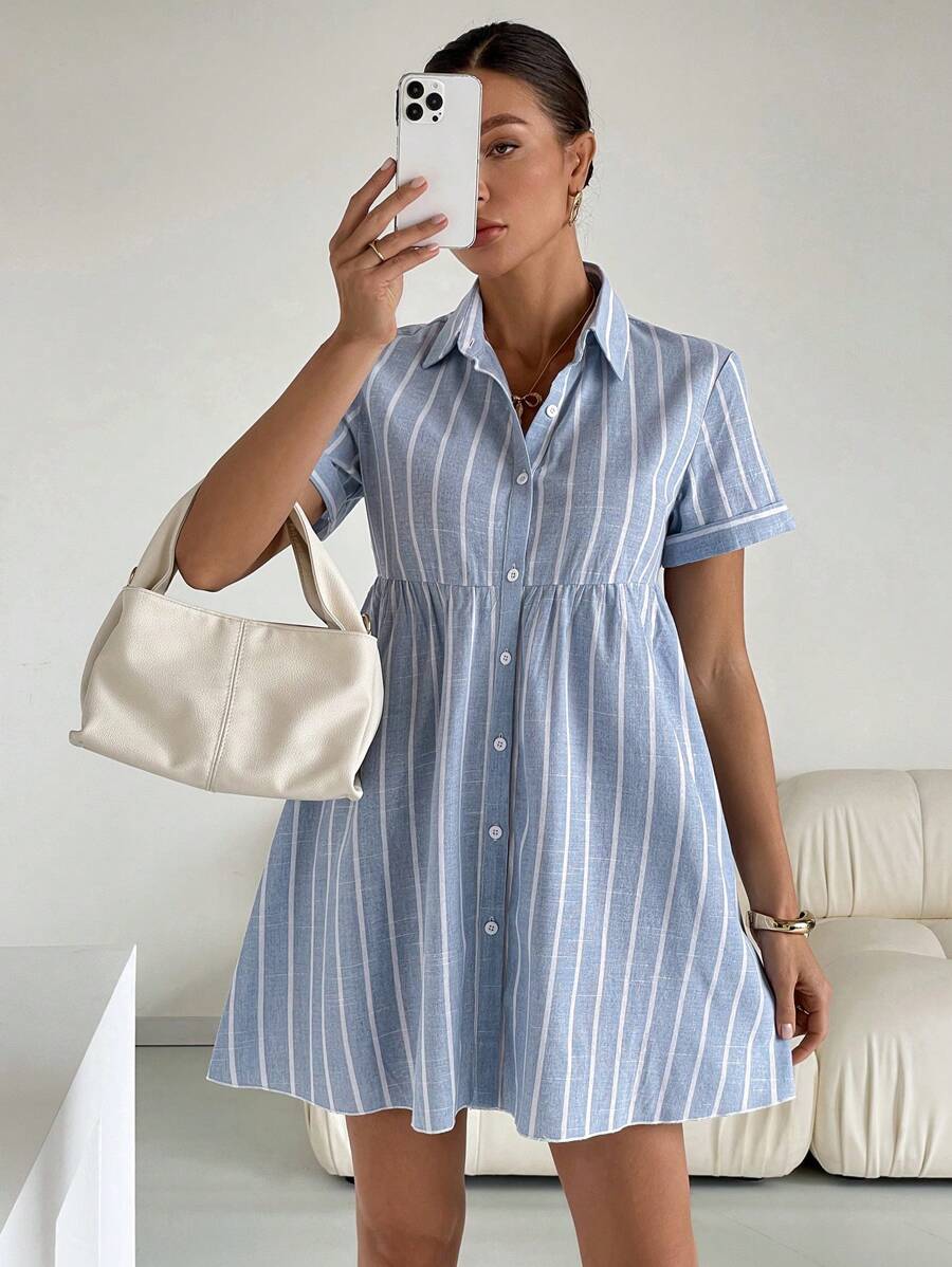 Siren Gaze Women's Button Front Short Sleeve Striped Casual Short Dress,Pastel Dresses For Women