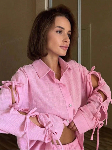 Siren Gaze Women's Casual Solid Color Hollow Bow-Tie Lace-Up Blouse, Autumn