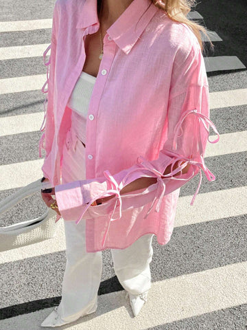 Siren Gaze Women's Casual Solid Color Hollow Bow-Tie Lace-Up Blouse, Autumn