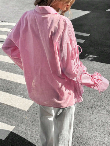 Siren Gaze Women's Casual Solid Color Hollow Bow-Tie Lace-Up Blouse, Autumn