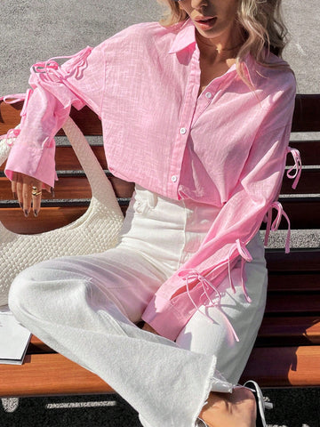 Siren Gaze Women's Casual Solid Color Hollow Bow-Tie Lace-Up Blouse, Autumn