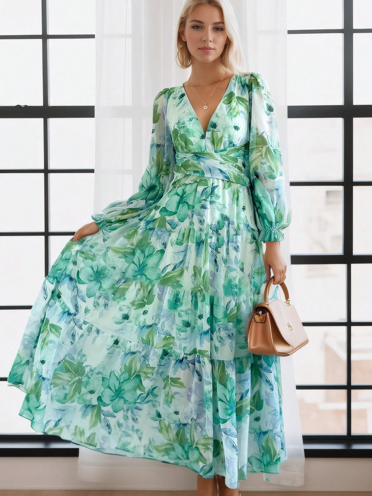 Sissyaki Women'S Long Sleeve Boho Floral Maxi Dress Smocked Beach Flowy Dress