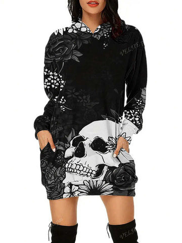 Print Hooded Mini Dress For Halloween, Long Sleeve