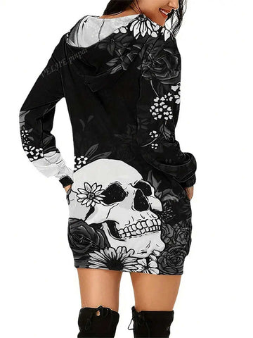 Print Hooded Mini Dress For Halloween, Long Sleeve