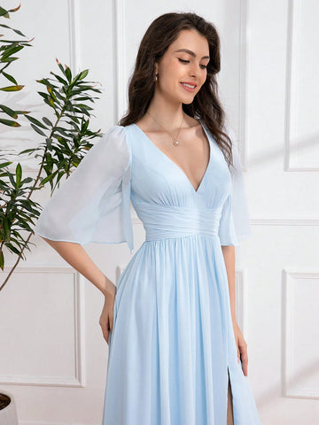Sky Blue 3/4 Sleeve Square Neck Ruched Long Formal Dress
