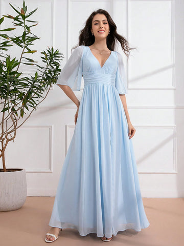 Sky Blue 3/4 Sleeve Square Neck Ruched Long Formal Dress