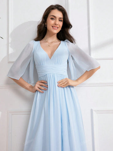 Sky Blue 3/4 Sleeve Square Neck Ruched Long Formal Dress