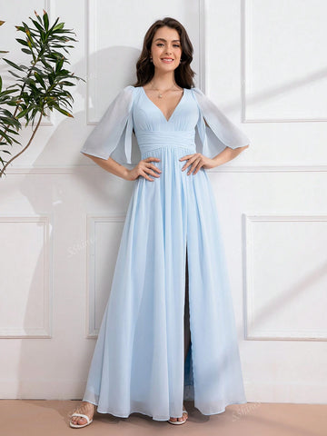 Sky Blue 3/4 Sleeve Square Neck Ruched Long Formal Dress