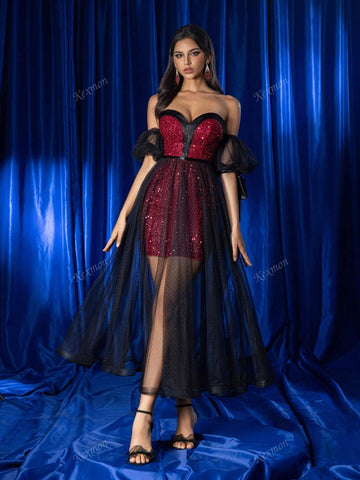 [Sleeve Bowknot Shape May Vary] Elegant Luxury Off-Shoulder Black Mesh Patchwork With Red Sequin Sleeve Bow Design Party Formal Evening Dress, Women