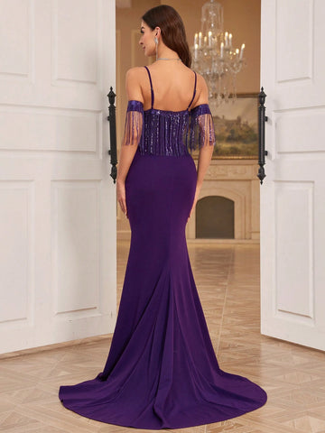 Sleeveless Beaded Fringe Mermaid Evening Dress