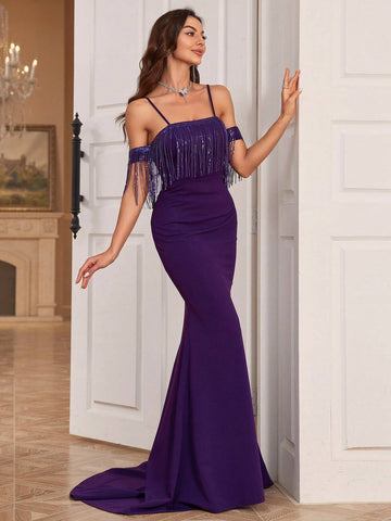 Sleeveless Beaded Fringe Mermaid Evening Dress