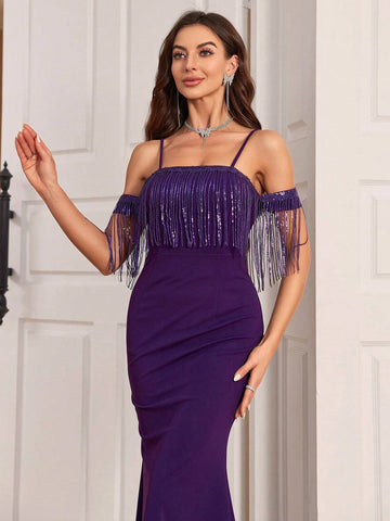 Sleeveless Beaded Fringe Mermaid Evening Dress