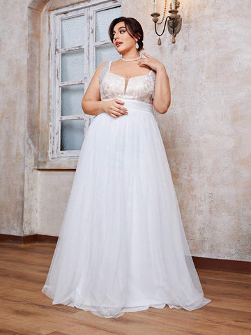 Sleeveless Beaded Sequins Tassels Romantic Embroidered Lace Patchwork Mesh Wedding Dress With Big Swing Skirt