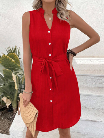 Sleeveless Belted Dress With Collar, Stand-Up Collar, Button Placket And Waistband