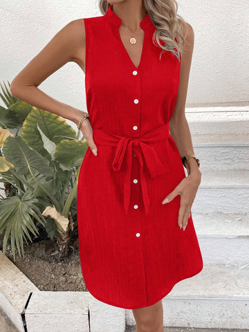 Sleeveless Belted Dress With Collar, Stand-Up Collar, Button Placket And Waistband
