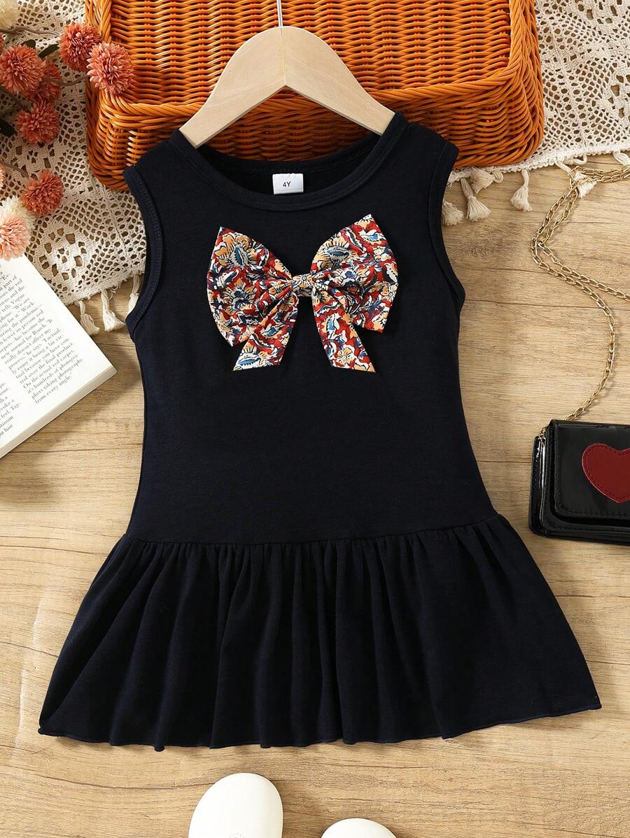 NewSleeveless Bow Decor Summer Dress For Young Girls, Suitable For Vacation