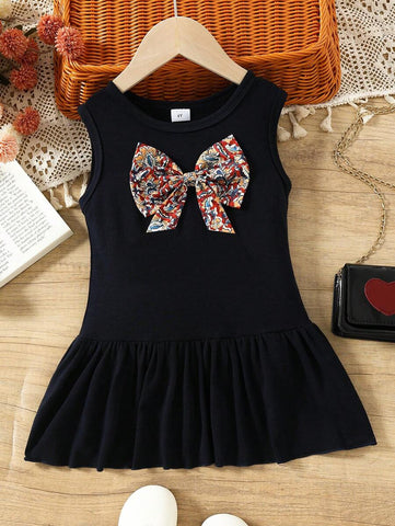 NewSleeveless Bow Decor Summer Dress For Young Girls, Suitable For Vacation