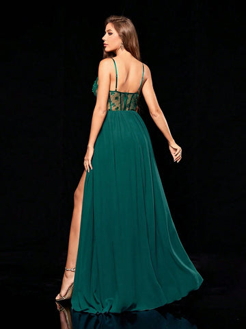 Sleeveless Cup Bust See-through Patchwork Chiffon Maxi Dress With Floral Applique For Bridesmaids