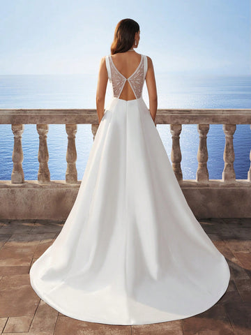 Sleeveless Elegant Minimal Glossy Satin Backless Long Dress With Small Train, White Wedding Dress