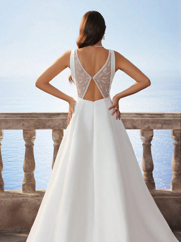Sleeveless Elegant Minimal Glossy Satin Backless Long Dress With Small Train, White Wedding Dress
