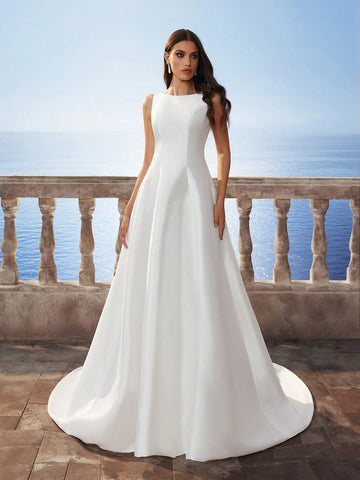 Sleeveless Elegant Minimal Glossy Satin Backless Long Dress With Small Train, White Wedding Dress