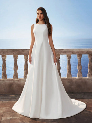 Sleeveless Elegant Minimal Glossy Satin Backless Long Dress With Small Train, White Wedding Dress