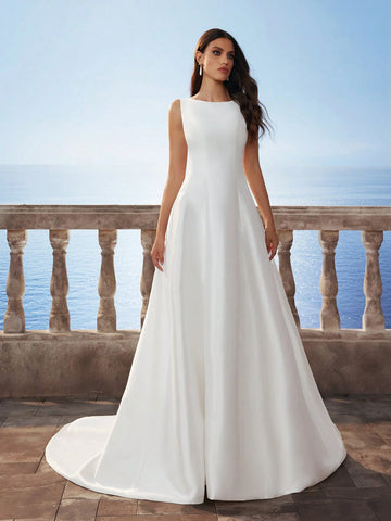 Sleeveless Elegant Minimal Glossy Satin Backless Long Dress With Small Train, White Wedding Dress