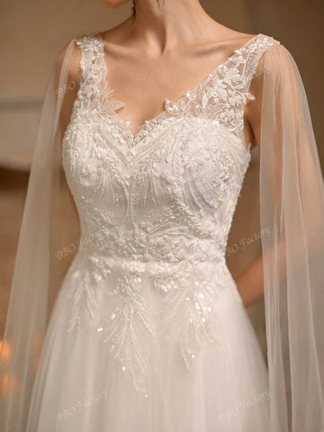 Sleeveless Elegant Wedding Dress With Solid Color Embroidery Applique Mesh Tulle Ball Gown