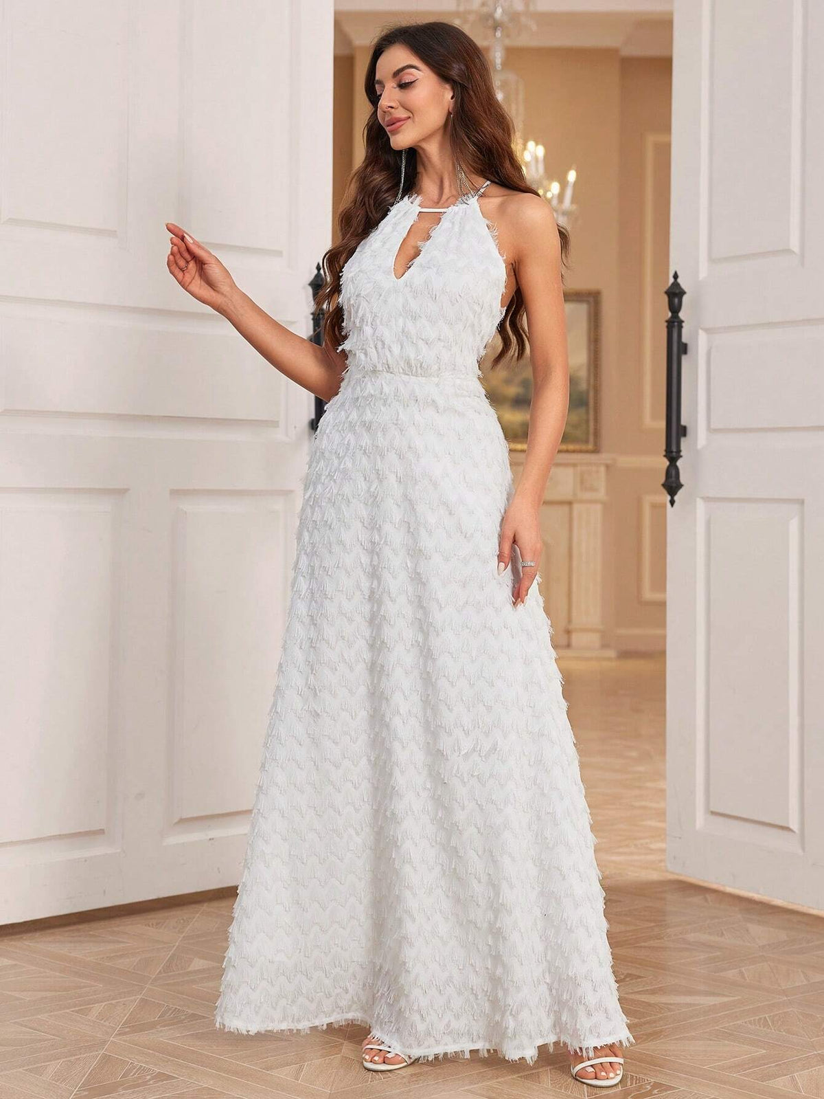 Sleeveless Halter Neck Mini Dress With Fuzzy Small Waves And A-Line Skirt