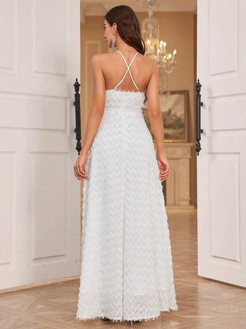 Sleeveless Halter Neck Mini Dress With Fuzzy Small Waves And A-Line Skirt