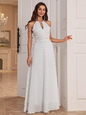 Sleeveless Halter Neck Mini Dress With Fuzzy Small Waves And A-Line Skirt