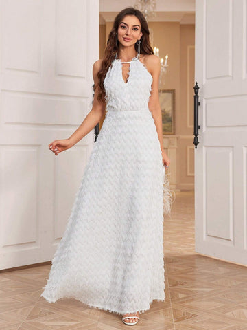 Sleeveless Halter Neck Mini Dress With Fuzzy Small Waves And A-Line Skirt