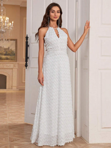 Sleeveless Halter Neck Mini Dress With Fuzzy Small Waves And A-Line Skirt