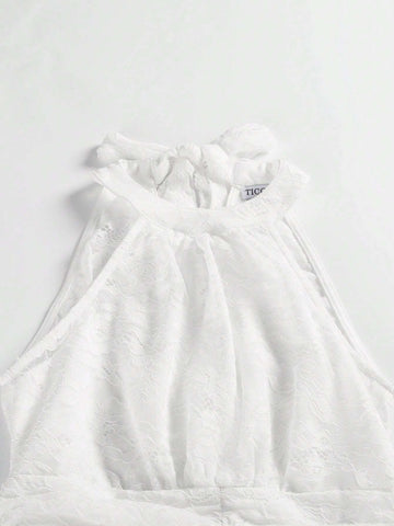 Sleeveless Halter Neckline Lace Wedding Dress With Waist Belt And High Slit