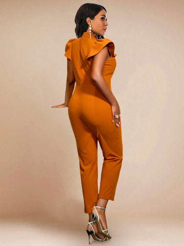 Sleeveless Hollow Half-Turtleneck Casual Jumpsuit, Brown, Elegant