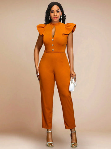 Sleeveless Hollow Half-Turtleneck Casual Jumpsuit, Brown, Elegant