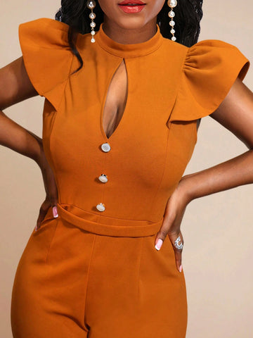 Sleeveless Hollow Half-Turtleneck Casual Jumpsuit, Brown, Elegant