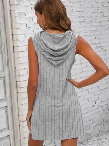 Sleeveless Hooded Gray Summer Dress With Drawstring, Short Length, Casual