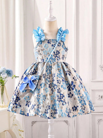 Sleeveless Jacquard Waist-Cinching Dress For Young Girls, With Bowknot Bag Accessories. The New Styles Of Formal Dresses