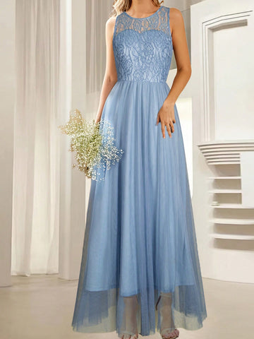 Sleeveless Lace Panel Sheer Mesh Elegant Bridesmaid Maxi Dress