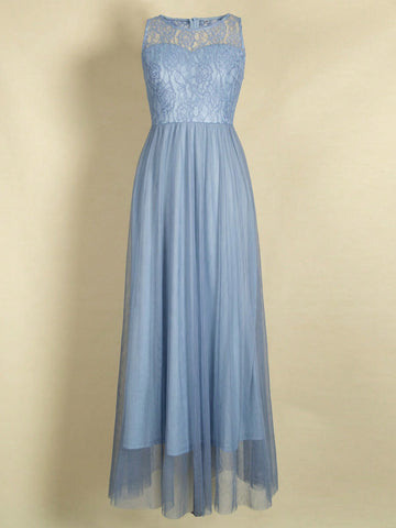 Sleeveless Lace Panel Sheer Mesh Elegant Bridesmaid Maxi Dress